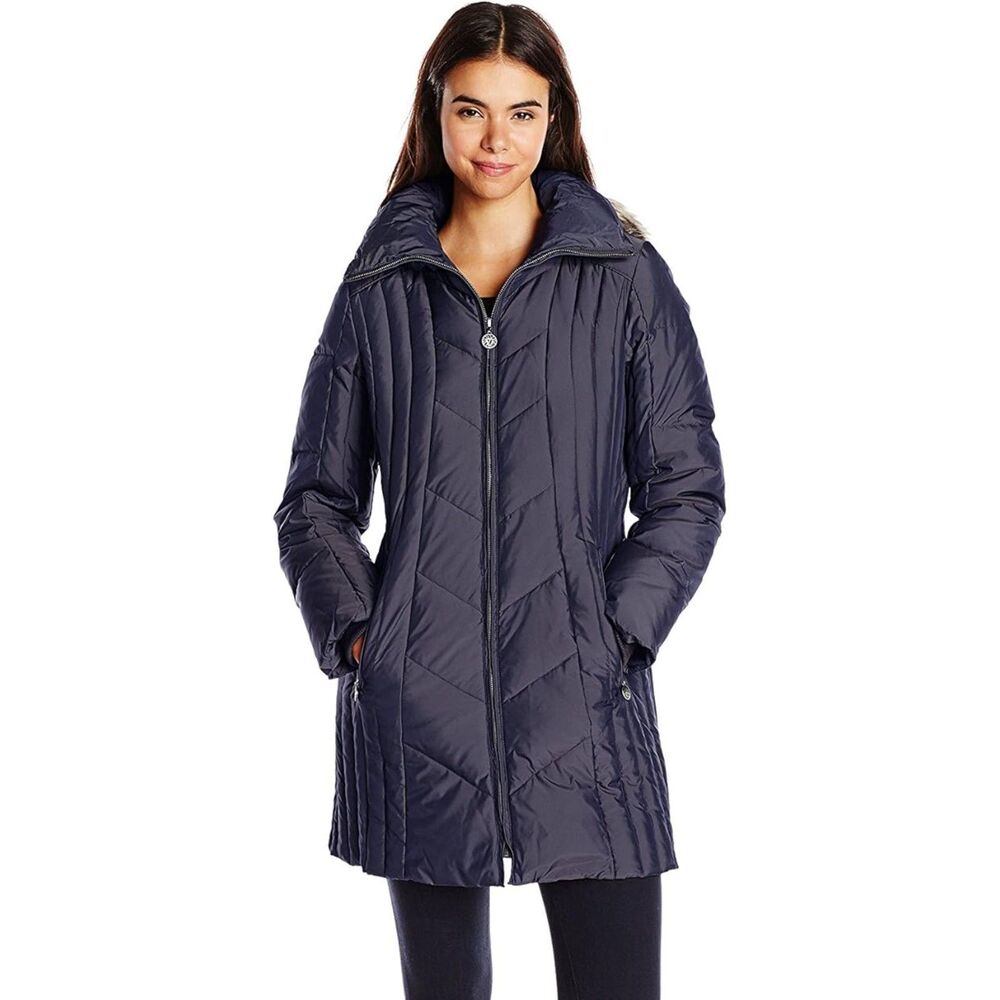 ANNE KLEIN Navy Blue Sz Large Removeable Hood Down Filled Coat Zipped Pockets